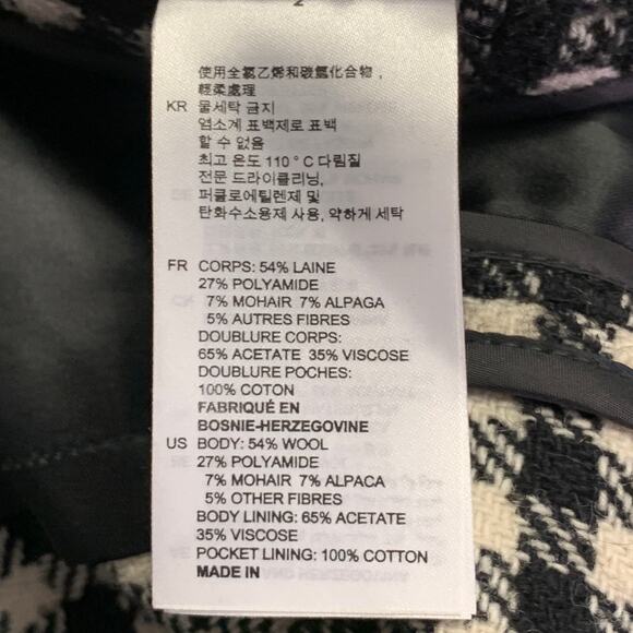 SANDRO Size L Black White Checkered Wool Blend Buttoned Raglan Coat - Picture 11 of 11